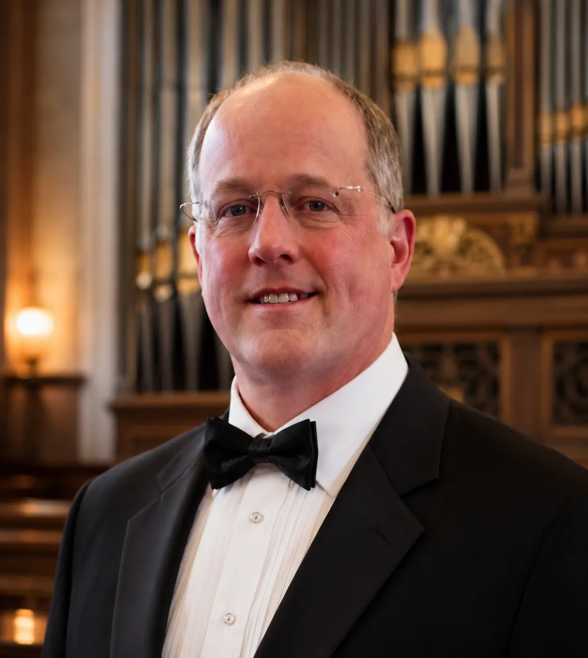 Don Papenbrock in formal concert attire with organ pipes behind him.